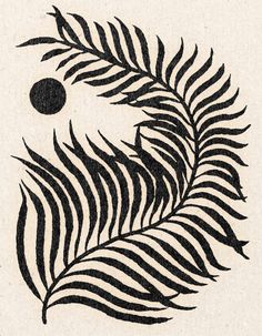 a black and white drawing of a palm leaf with an orange ball in the background