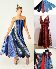 the woman is wearing a dress made out of ties