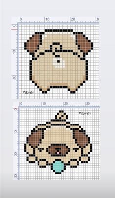 the cross stitch pattern for a pug dog is shown in three different sizes and colors