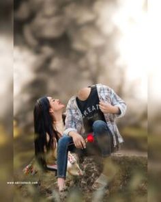 a woman sitting on top of a rock next to a man with his eyes closed