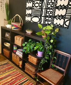 a living room with plants and baskets on the shelves next to a wall mounted art piece