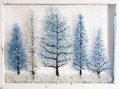 a painting of blue trees in the snow