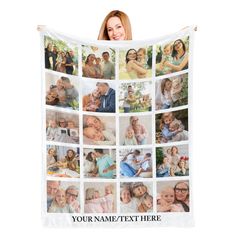 a woman holding up a white blanket with many photos on it and the words your name here