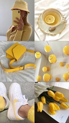 the collage shows yellow objects, including a hat and some white shoes with smiley faces on them