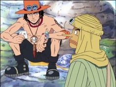 one piece is talking to another man in front of him and the other person has a hat on his head
