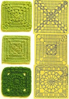 four crocheted coasters are shown in green and yellow colors, each with an intricate design