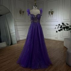 Arabic Elegant Purple Beaded A-Line Evening Gown 2024 Boat Neck Luxury Dress for Women Long Party Dress Boat Neck Design, Arabic Fashion, Long Party Dress, Bridal Elegance, Purple Beaded, Stunning Gowns, Dress Home, Party Dress Long, Luxury Dress