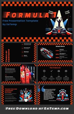 a black and orange presentation board with an image of a racing car on the front