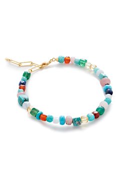 A wondrous array of 39 colorful stones brings a mood-boosting vibe to this handcrafted bracelet with a paperclip-chain clasp. Exclusive US retailer 6–8" adjustable inner circumference Recycled 18k-gold plate/turquoise/amazonite/lapis/lemon quartz/orange carmelian/pink opal/green onyx/blue lace agate/ rainbow moonstone Imported Recipient of the Butterfly Mark certification, which identifies luxury brands that adhere to social and environmental best practices This brand meets Nordstrom Responsible Colorful Stones, Beaded Leather Bracelet, Handcrafted Bracelets, Chakra Bracelet, Monica Vinader, Gemstone Beaded Bracelets, Homemade Jewelry, Lemon Quartz, Blue Lace Agate