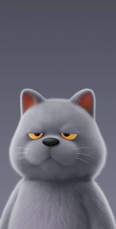 an animated cat with yellow eyes looks at the camera while standing in front of a gray background