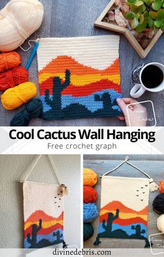 Learn to make the fun, bright, and endlessly customizable Cool Cactus Wall-Hanging tapestry crochet pattern free by DivineDebris.com Cool Cactus, Wall Hanging Crochet, Hanging Crochet, Crochet Wall Art, Crochet Pattern Free, Crochet Wall Hangings, Tapestry Crochet Patterns, Crochet Dragon