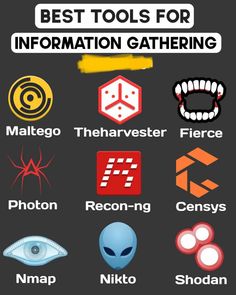 🕵️Best Tools for Investigating Gathering

🔹Maltego
🔹TheHarvester
🔹Fierce
🔹Photon
🔹Recon-ng
🔹Censys
🔹Nmap
🔹Nikto
🔹Shodan Osint Investigation, Weeknd Drawing, Kali Linux Hacks, Barebone Computer, Cell Phone Hacks, Learn Computer Science, Learn Computer