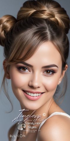 a beautiful young woman smiling with her hair in a bun