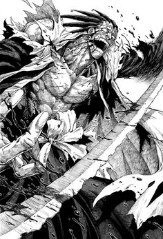 a black and white drawing of a demon attacking another demon in the air with his mouth open