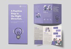 a purple brochure with an image of people in the light bulb on it