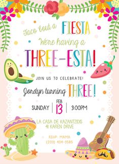 a fiesta themed birthday party with mexican food and decorations on the front, including an image of