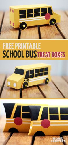 a paper school bus that is sitting on top of a wooden table with the words free print