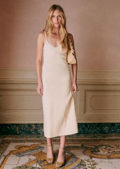 Knitted midi dress with fine straps;Rib knit;V-shaped neckline;Length when worn: 124 cm (on a size S) Sezane Outfit, Sezane Clothing, Denim Suit, Knitwear Dress, Clothes Inspiration, Knit Midi, Knit Midi Dress, Bag Dress, Cream Dress