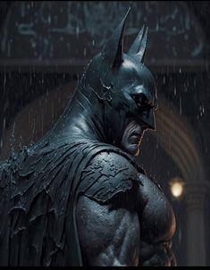 the dark knight in batman ark is standing in the rain with his hands on his hips