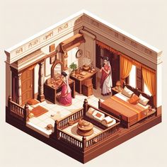 an illustration of two people standing in front of a room with beds and desks