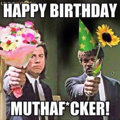 two men in suits and hats holding flowers with the caption happy birthday, muthaaf oker