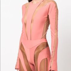 New With Tags Bodysuit From Mugler X The Webster Size Fr40 (Us Medium) This Blush Pink Bodysuit Features A Stretch-Design And Panelled Design, With Sheer Panelling And Silver-Tone Logo Lettering For A Touch Of Glamour. The Concealed Rear Zip Fastening, Round Neck, And Long Sleeves Make It Both Comfortable And Chic. Perfect For Women Who Want To Make A Statement With Their Clothing, This Bodysuit Is A Must-Have For Any Fashion-Forward Wardrobe. Don't Forget To Try It On Over Your Own Garments For Mugler Pink, Blush Pink Bodysuit, Pink Bodysuit, Thierry Mugler, Long Sleeve Bodysuit, Fashion Illustration, Blush Pink, Fashion Forward, Wrap Dress