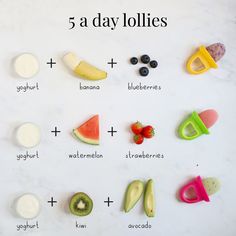 the five day lollies are laid out on a marble counter top with fruit and yogurt