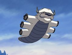 a cartoon character flying through the air with an animal like creature on it's back