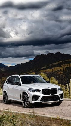 a white bmw suv parked on the side of a road