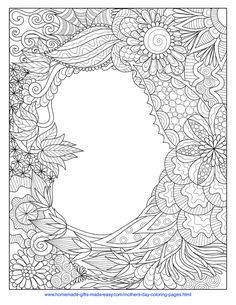 a black and white coloring book page with an oval frame surrounded by flowers, leaves and swirls