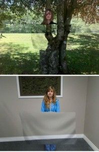 two pictures, one with a tree and the other with a woman