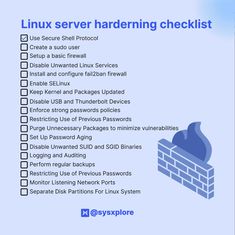 the linux server hardening checklist is shown in blue and has an image of a brick