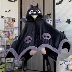 Halloween Bat Blanket Cape Blanket Hoodie Kawaii, Cartoon Bat, Blanket Cape, Pajama Costume, Black Cloak, Girls Flannel, Cozy Wrap, Cute Bat, Kawaii Plush