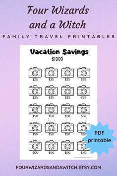 Vacation Savings with 20 camera symbols on the page. Each camera has a dollar amount. You color in each camera as you save the amount that is listed with the camera. You will save one thousand dollars once all the cameras are colored in. Vacation Savings Challenge, Money Saving Tracker, Galapagos Islands Travel, Hawaii Family Vacation