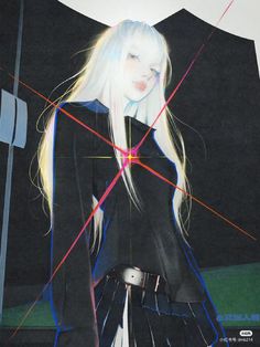 a drawing of a woman with long white hair and black clothes, standing in front of a wall