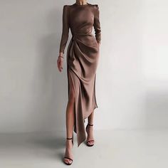 Ingvn Long Sleeve O Neck Satin Split Women Maxi Dress Autumn Winter Fa Dress Women Fashion, Solid Maxi Dress, Chique Outfits, غرفة ملابس, Ținută Casual, Retro Mode, Hem Design, Elegantes Outfit, Satin Maxi Dress