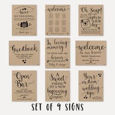 set of 9 signs with handwritten words and hearts for wedding or any special occasion