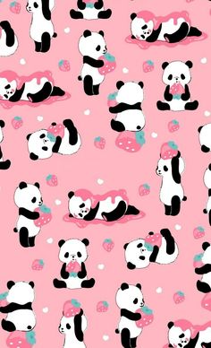 a pink background with black and white pandas on it's sides, one is eating