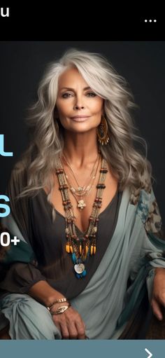 Transition Gray Hair, Long Hair With Bangs Older Women, Glamorous Older Women, Gray Hair Lowlights Older Women, Boho Fashion Over 50 Older Women, Grey Hair Brown Eyes, Stylish Older Women 50 And Fabulous, Long Grey Hair Over 50