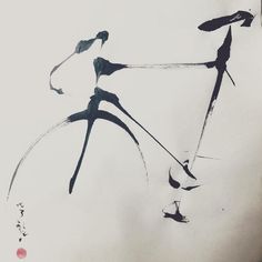 an ink drawing of a bicycle on a white paper with chinese writing in the background