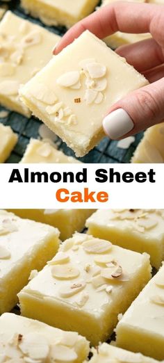 almond sheet cake on a cooling rack with text overlay