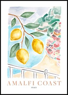 a watercolor painting of lemons on a tree branch with the words amalfic coast