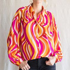 Print Top With Collared Neck, Back Wrinkle Detail, Drop Shoulder, Long Lantern Sleeves, And Curved Hemline. - Button-Front, Non-Sheer, Lightweight. - Model Is 5'8'' And Is Wearing A Small. Fabric Contents 100% Polyester Lantern Sleeves, Print Pattern, Print Top, Drop Shoulder, Print Tops, Print Patterns, Top Blouse, Womens Tops, Fabric