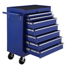 a blue tool cabinet with six drawers on the front and four wheels, all in different sizes