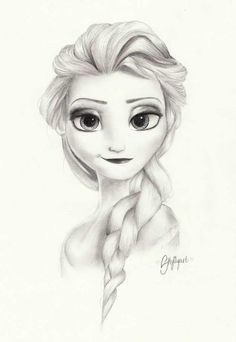 a pencil drawing of a frozen princess with long hair and big blue eyes, wearing braids