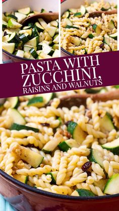 pasta with zucchini, raisins and walnuts in a skillet