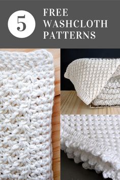 four free crochet washcloth patterns with text overlay that reads, 5 free washcloth patterns