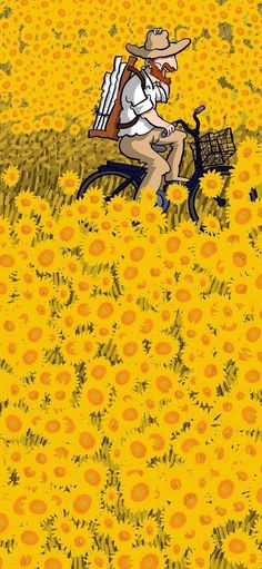 a drawing of a man riding a bike in a field of sunflowers with a basket on the back