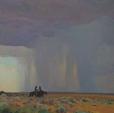 an oil painting of two people riding horses in the desert under a stormcloud