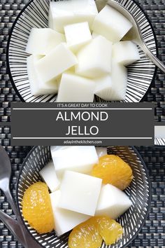 there is a plate with cheese and oranges on it, along with the words almond jello